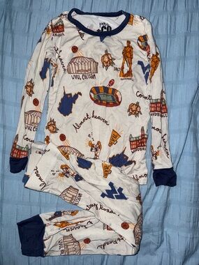 Kids WVU mountaineer Bamboo White & Navy Collegiate Print Pajama Set Peri and Co